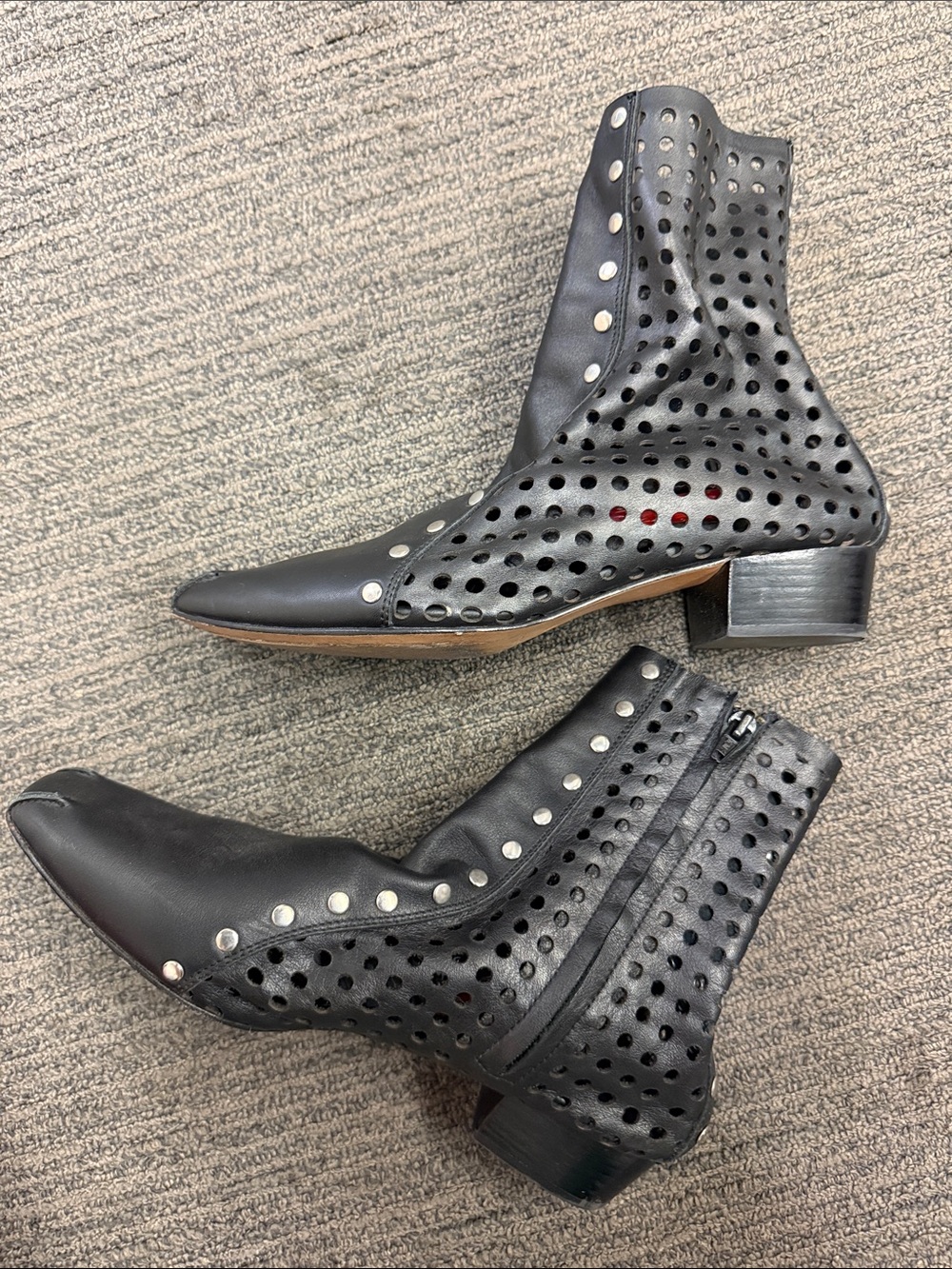 Women's Black Studded Perforated Ankle Boots - Picture 2 of 6